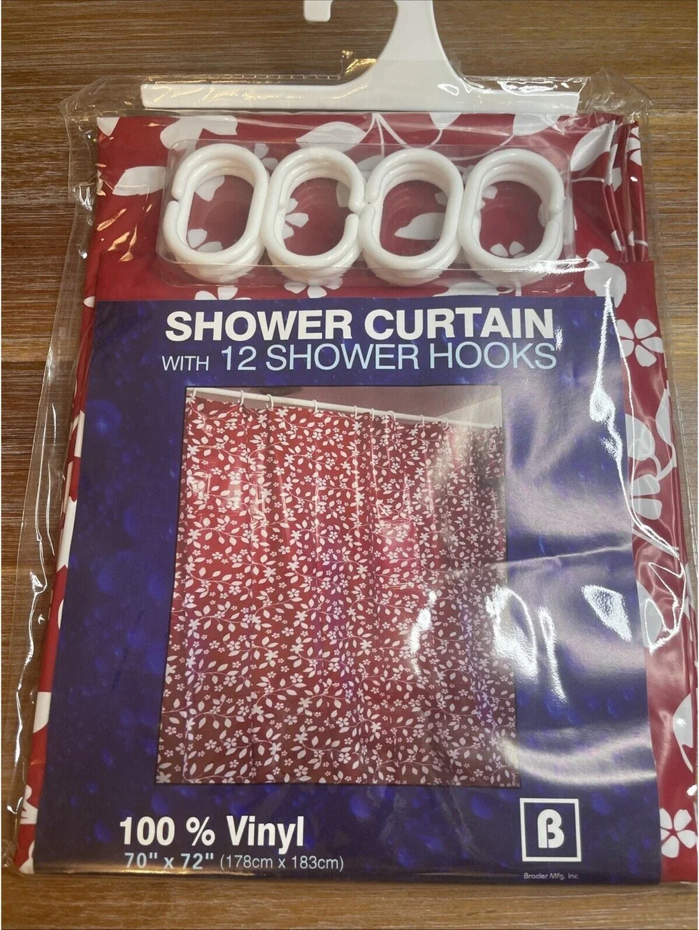 Vinyl Shower Curtain Set with 12 Hooks - Red White Floral 70x72